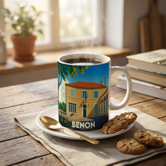 Mug souvenir de la ville de Benon orné d'une illustration stylisée d'une maison traditionnelle.