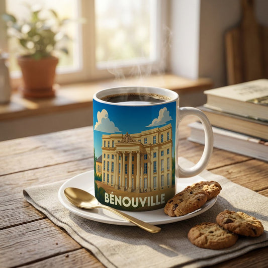 Mug souvenir de la ville de Bénouville avec une illustration stylisée du château local.