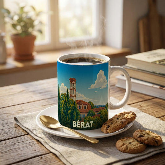 Mug souvenir de la ville de Bérat orné d'une illustration stylisée de son architecture.