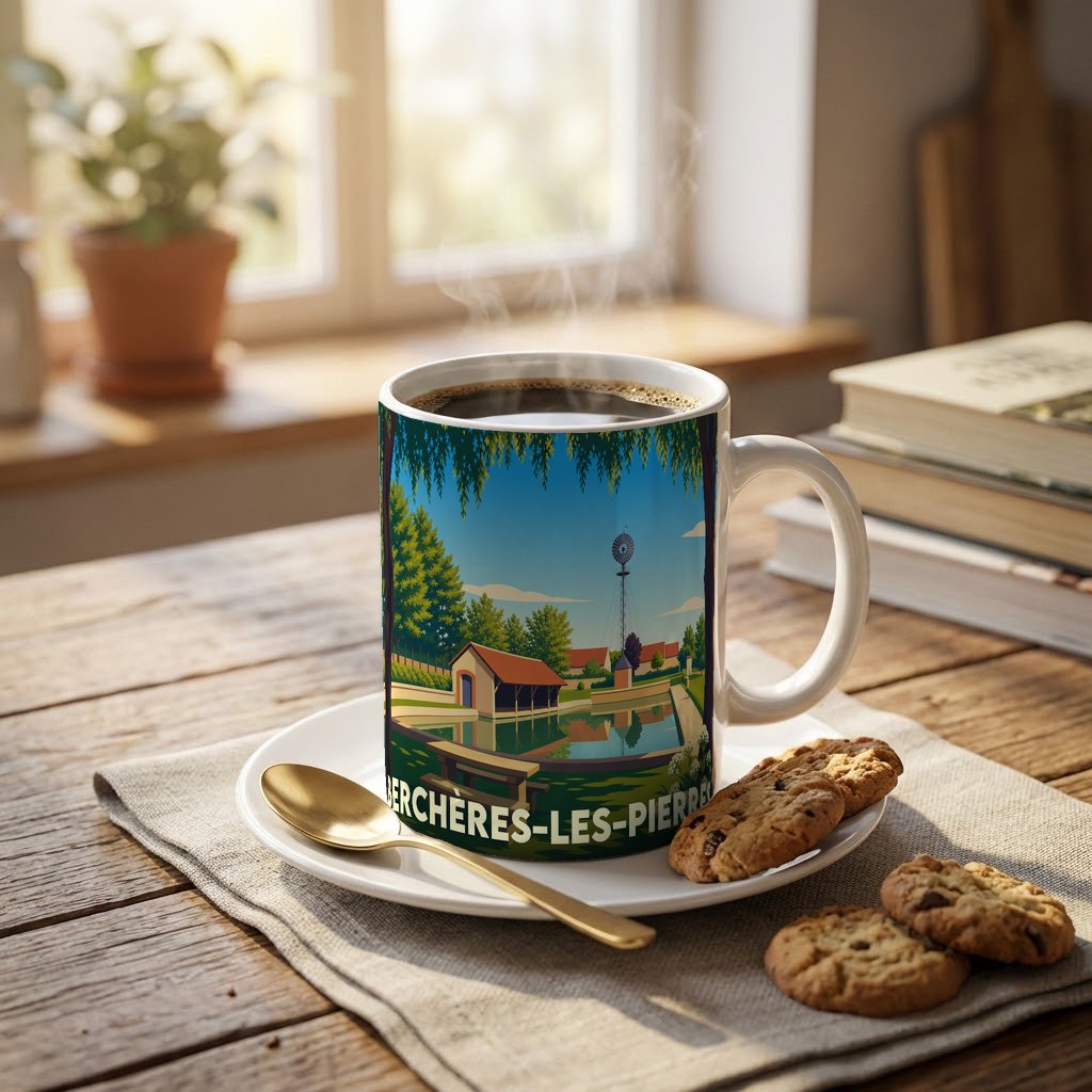 Mug souvenir de la ville de Berchères-les-Pierres illustré d'un paysage de parc champêtre au bord de l'eau.