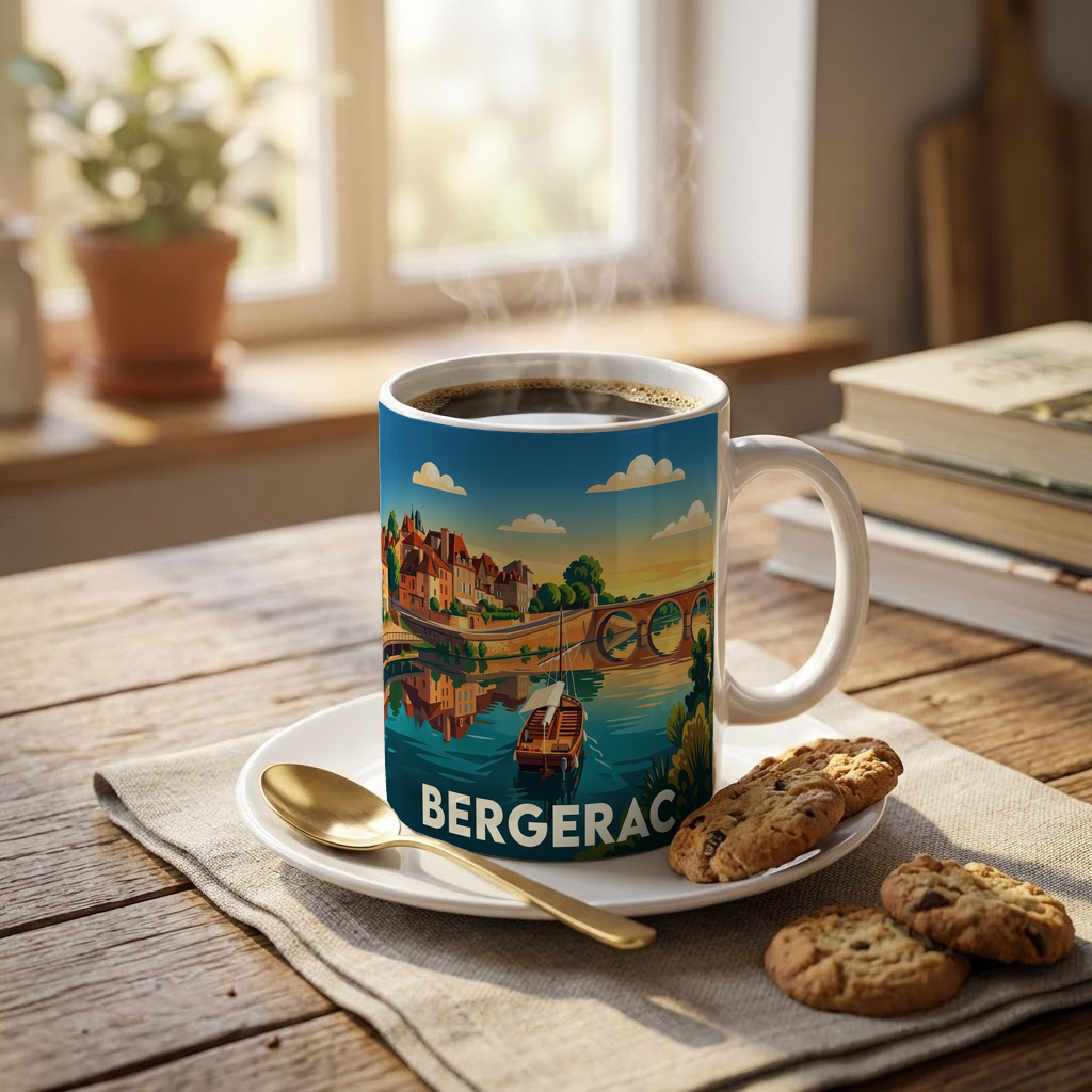 Mug souvenir de la ville de Bergerac avec une illustration stylisée représentant ses quais et son pont.