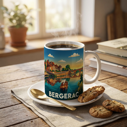 Mug souvenir de la ville de Bergerac avec une illustration stylisée représentant ses quais et son pont.