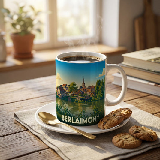 Mug souvenir de la ville de Berlaimont orné d'une illustration stylisée du bord de Sambre.