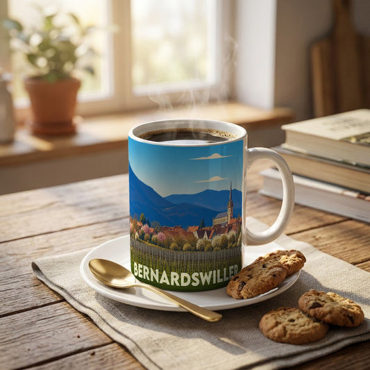 Mug souvenir de la ville de Bernardswiller orné d'une illustration stylisée de son paysage et de son église.
