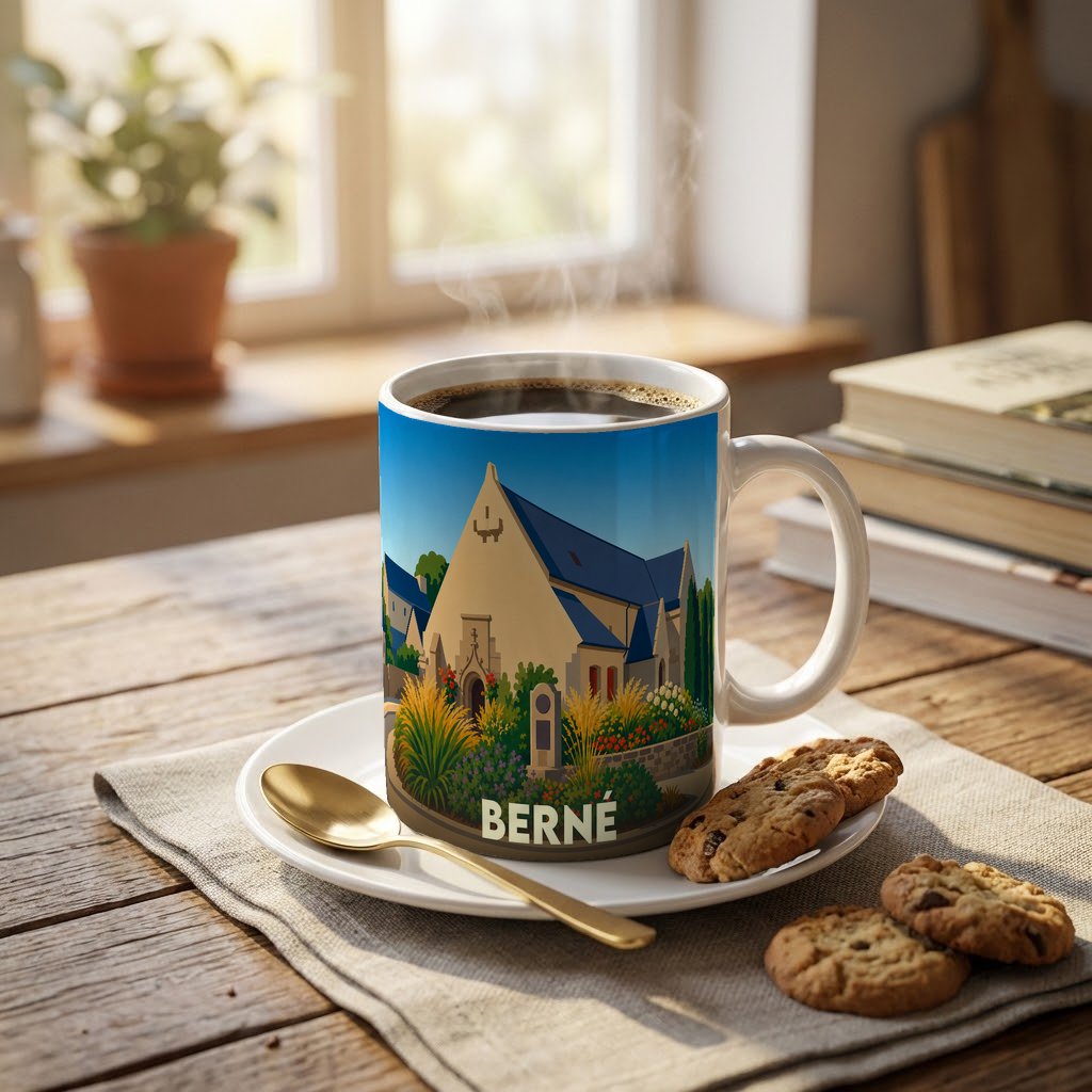 Mug souvenir de la ville de Berné orné d'une illustration stylisée de son église.