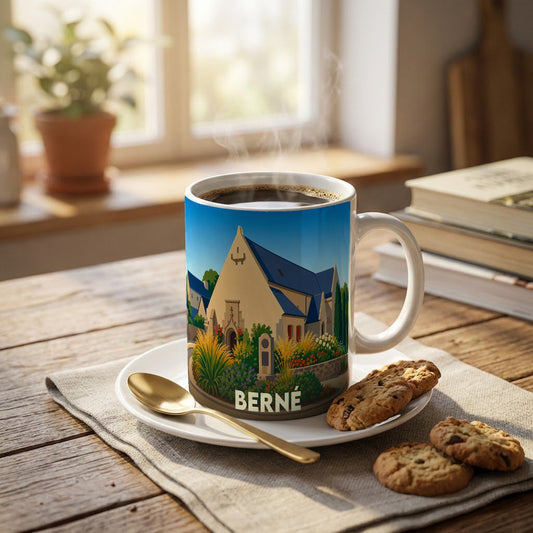 Mug souvenir de la ville de Berné orné d'une illustration stylisée de son église.