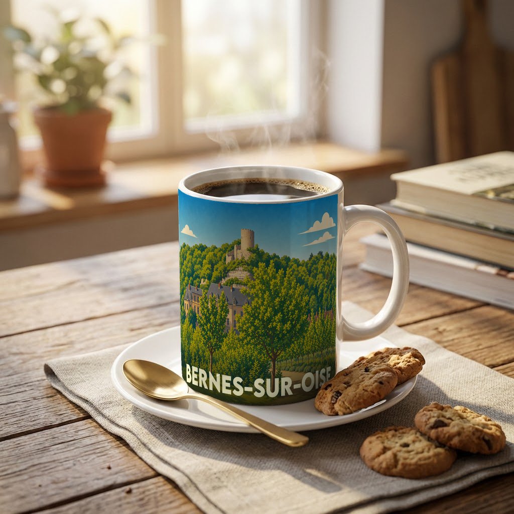 Mug souvenir de la ville de Bernes-sur-Oise orné d'une illustration de château et de forêt.