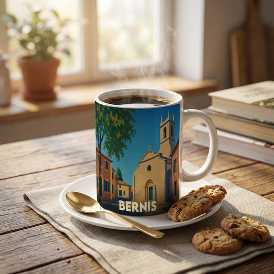 Mug souvenir de la ville de Bernis illustré d'une scène urbaine stylisée.