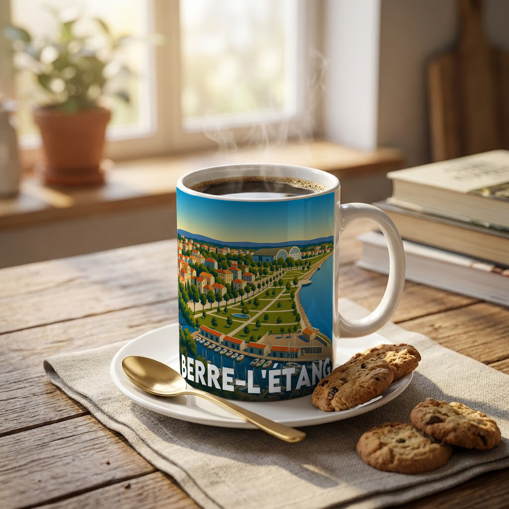 Mug souvenir de la ville de Berre-l'Étang avec une illustration stylisée.