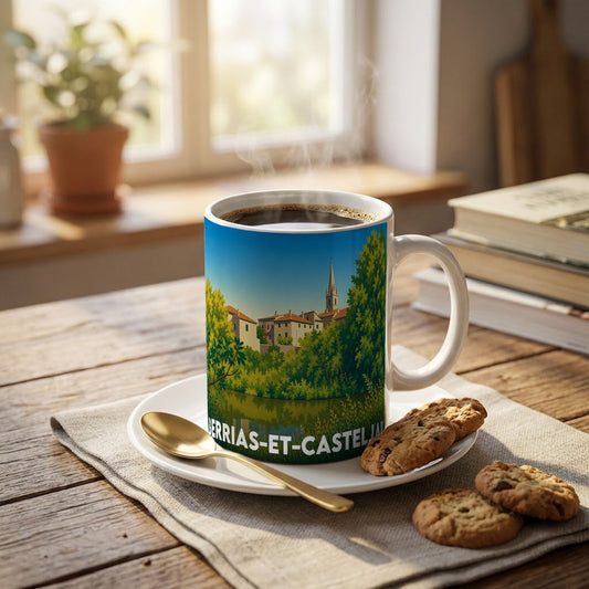 Mug souvenir de la ville de Berrias-et-Casteljau avec une illustration stylisée.
