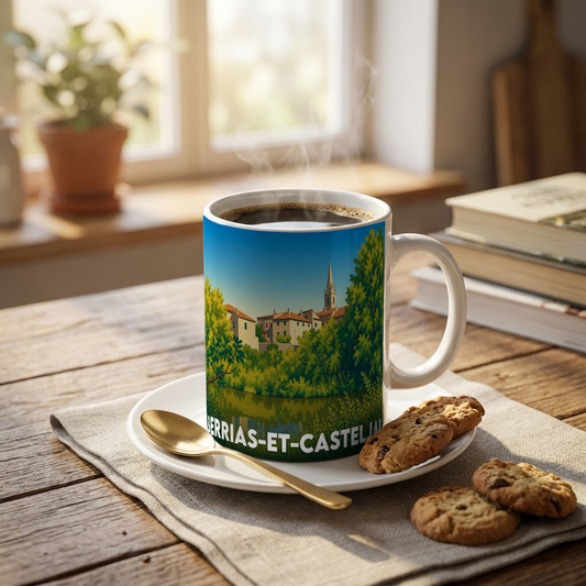 Mug souvenir de la ville de Berrias-et-Casteljau avec une illustration stylisée.