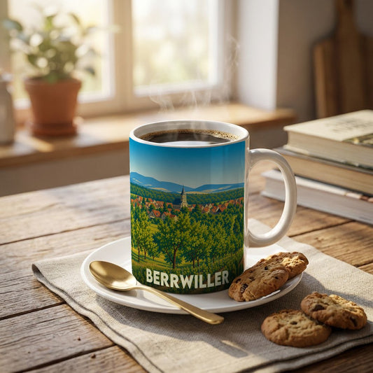 Mug souvenir de la ville de Berrwiller illustré d'un paysage de campagne stylisé.