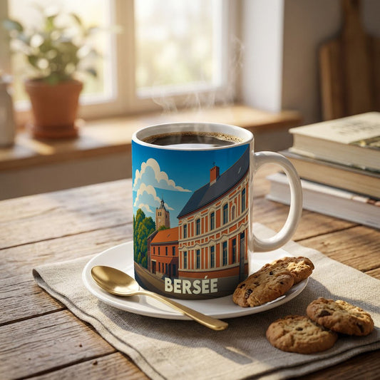 Mug souvenir de la ville de Bersée orné d'une illustration stylisée de ses bâtiments emblématiques.