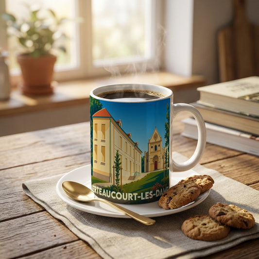 Mug souvenir de la ville de Berteaucourt-les-Dames avec une illustration stylisée de son patrimoine architectural.