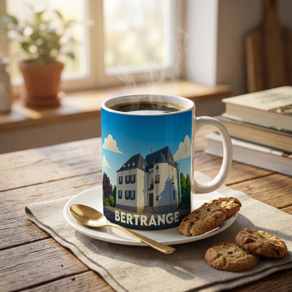 Mug souvenir de la ville de Bertrange avec une illustration stylisée de son château.
