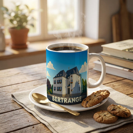 Mug souvenir de la ville de Bertrange avec une illustration stylisée de son château.