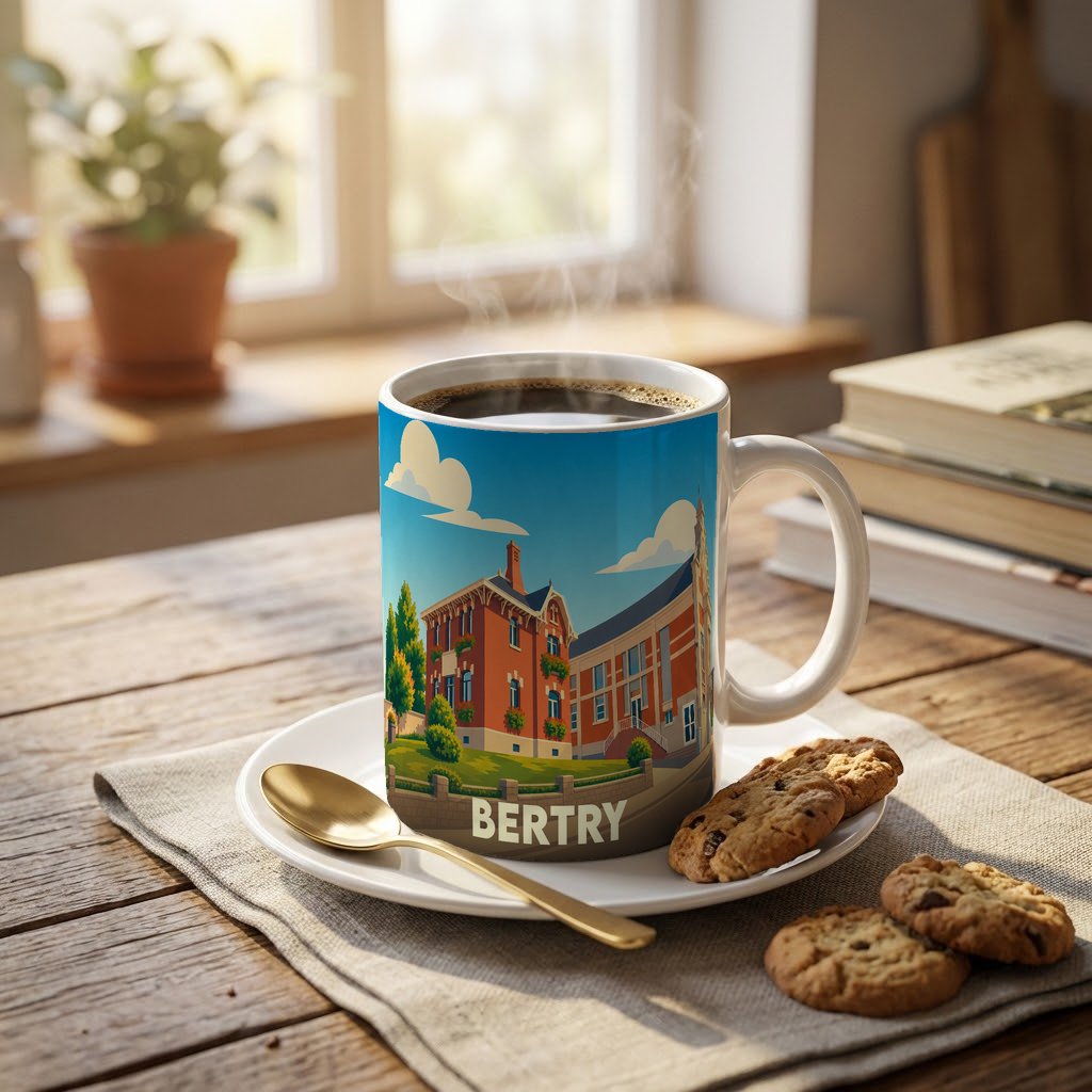 Mug souvenir de la ville de Bertry orné d'une illustration stylisée de ses bâtiments.