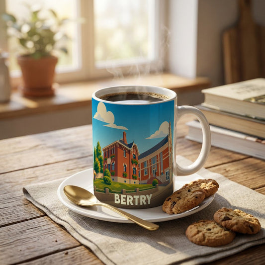 Mug souvenir de la ville de Bertry orné d'une illustration stylisée de ses bâtiments.