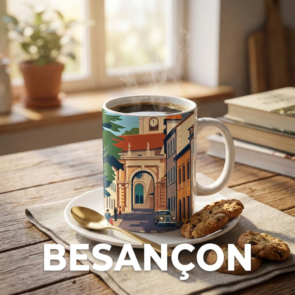 Mug souvenir de la ville de Besançon avec une illustration stylisée.