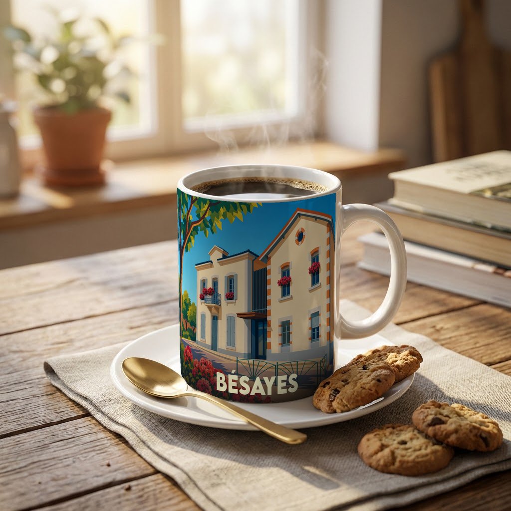 Mug souvenir de la ville de Bésayes orné d'une illustration stylisée représentant une maison traditionnelle.