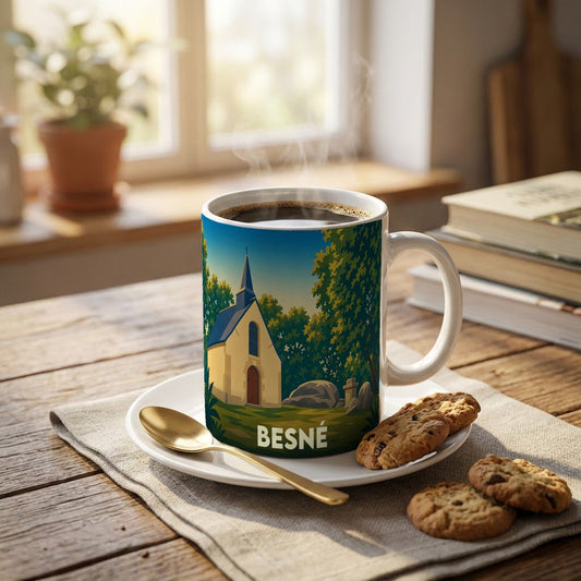 Mug souvenir de la ville de Besné orné d'une illustration stylisée d'une petite chapelle entourée de verdure.