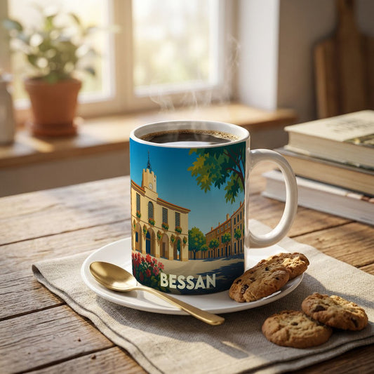 Mug souvenir de la ville de Bessan avec une illustration colorée de l'hôtel de ville.