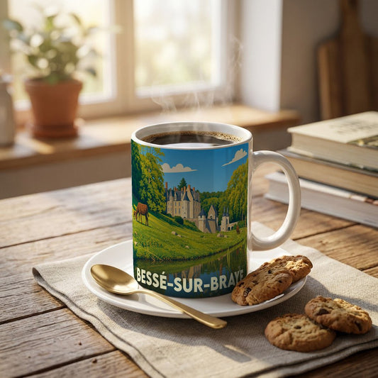 Mug souvenir de la ville de Bessé-sur-Braye illustré d'un paysage de château au bord de l'eau.