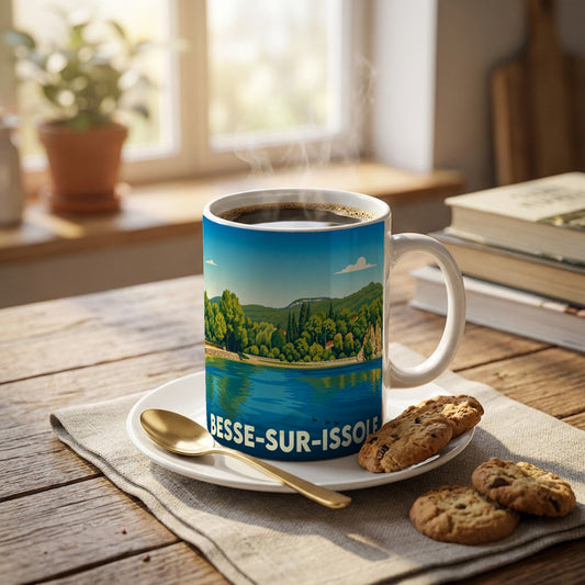 Mug souvenir de la ville de Besse-sur-Issole orné d'une illustration de son lac et de ses collines.