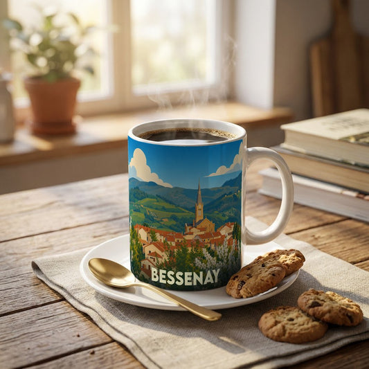 Mug souvenir de la ville de Bessenay avec une illustration stylisée d'un paysage vallonné.