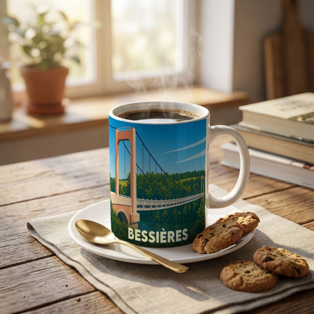 Mug souvenir de la ville de Bessières avec une illustration stylisée de son pont suspendu.