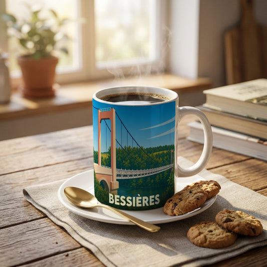 Mug souvenir de la ville de Bessières avec une illustration stylisée de son pont suspendu.