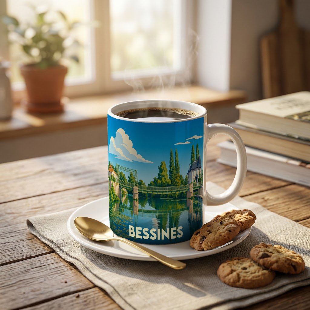 Mug souvenir de la ville de Bessines avec une illustration stylisée d'un pont et de son reflet sur l'eau.