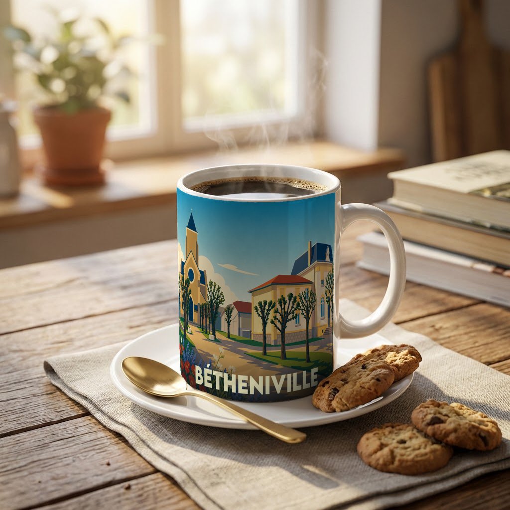Mug souvenir de la ville de Bétheniville orné d'une illustration stylisée de son paysage urbain.