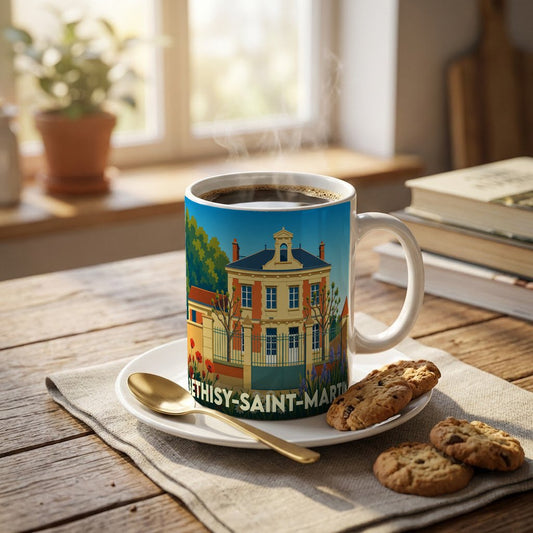 Mug souvenir de la ville de Béthisy-Saint-Martin orné d'une illustration colorée représentant un bâtiment historique.