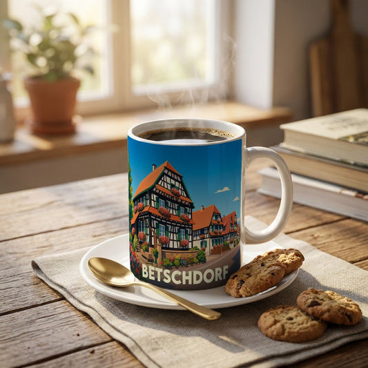 Mug souvenir de la ville de Betschdorf avec une illustration stylisée de maisons à colombages.