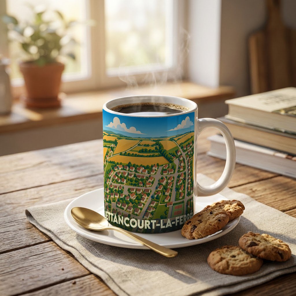Mug souvenir de la ville de Bettancourt-la-Ferrée orné d'une illustration panoramique stylisée.