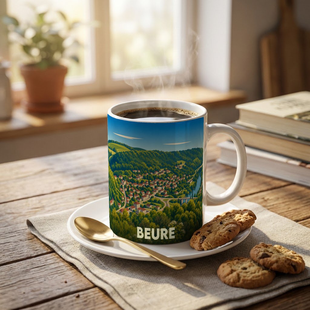 Mug souvenir de la ville de Beure orné d'une illustration paysagère stylisée.