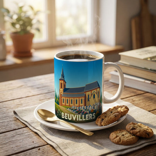 Mug souvenir de la ville de Beuvillers illustré d'une église colorée et de son cimetière paysager.