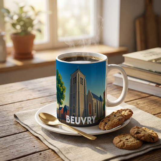 Mug souvenir de la ville de Beuvry avec une illustration stylisée de son église.