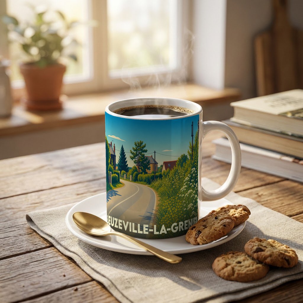 Mug souvenir de la ville de Beuzeville-la-Grenier avec une illustration paysagère stylisée.