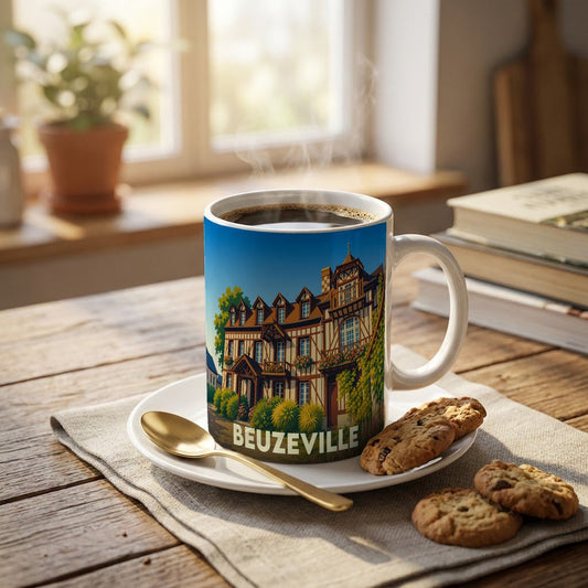 Mug souvenir de la ville de Beuzeville avec une illustration stylisée d'une maison à colombages.