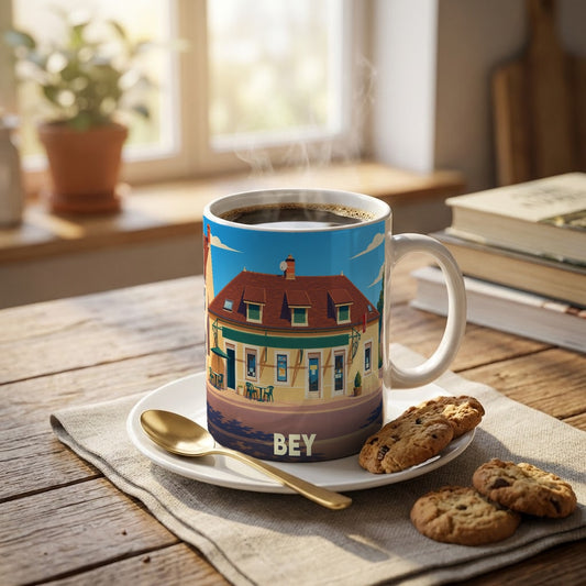 Mug souvenir de la ville de Bey avec une illustration stylisée d'une maison typique.