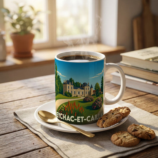 Mug souvenir de la ville de Beychac-et-Caillau avec une illustration stylisée de château.