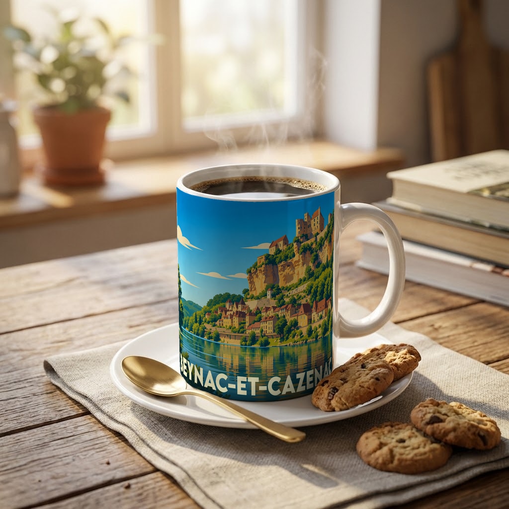 Mug souvenir de la ville de Beynac-et-Cazenac avec une illustration stylisée d'un village médiéval au bord de l'eau.