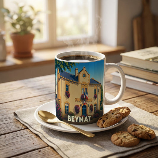 Mug souvenir de la ville de Beynat illustré d'un bâtiment historique stylisé, posé sur une table avec des biscuits.