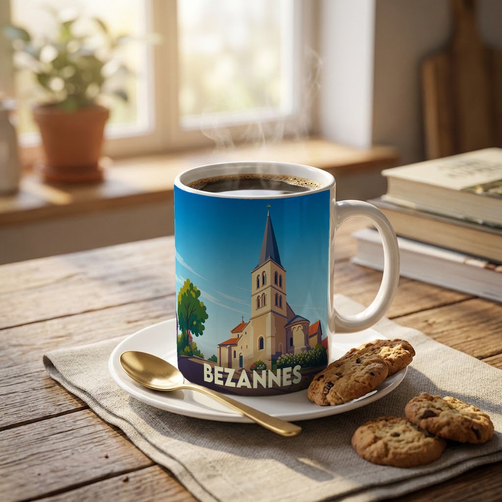 Mug souvenir de la ville de Bezannes orné d'une illustration stylisée de son église.