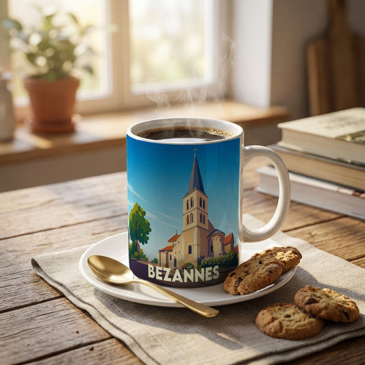 Mug souvenir de la ville de Bezannes orné d'une illustration stylisée de son église.