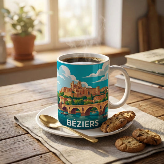 Mug souvenir de la ville de Béziers avec une illustration stylisée de son célèbre pont et de sa cathédrale.