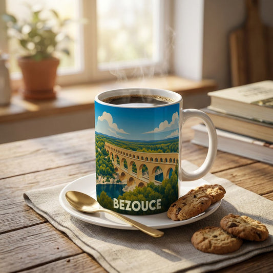 Mug souvenir de la ville de Bezouce illustré d'un pont en arc niché dans un paysage verdoyant.