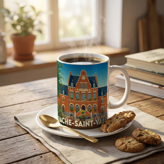 Mug souvenir de la ville de Biache-Saint-Vaast avec une illustration colorée de l'hôtel de ville.
